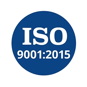 Official blue circular logo for ISO 9001:2015 quality management system