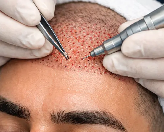 Surgeon implanting hair follicle grafts into male scalp during FUE hair transplant