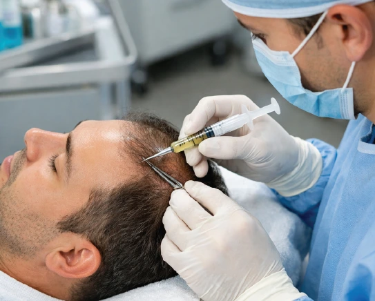 Doctor injecting PRP platelet-rich plasma into male scalp for hair loss treatment